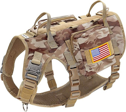 Forestpaw Tactical Dog Harness Tactical Dog Collar with Bungee Leash Set,No Pull Military Dog Harness for Walking Training,Adjustable for Medium Large Dogs,Camouflage Brown,Chest 21.5-45"