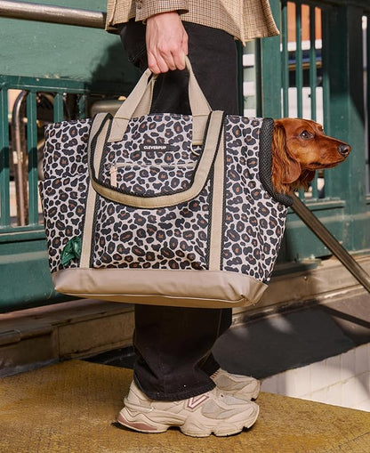 Cleverpup Transit Tote Dog Carrier for Small/Medium Dogs 8-20 lbs, 19x12x9 Soft-Sided 4-Pc Set with Waterproof Base, Plush Insert, Food Pouch, Mesh Head Opening - Medium, Leopard