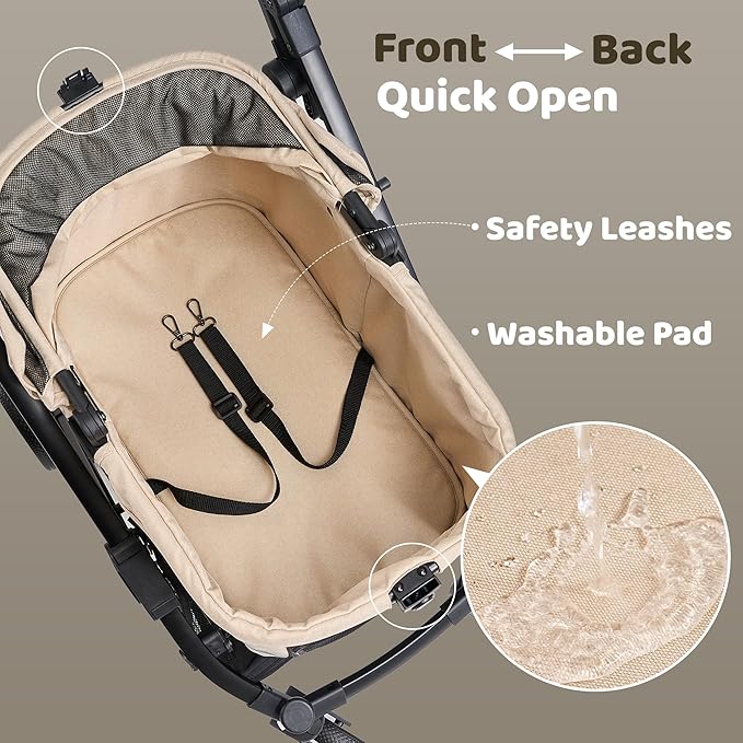 All-Terrain Dog Stroller for Small to Medium Dogs, Pet Stroller for Dogs & Cats Outdoor Walks, One-Hand Easy Fold, Double-Layer Anti-UV & Waterproof Canopy & Breathable Mesh, Vanilla Beige
