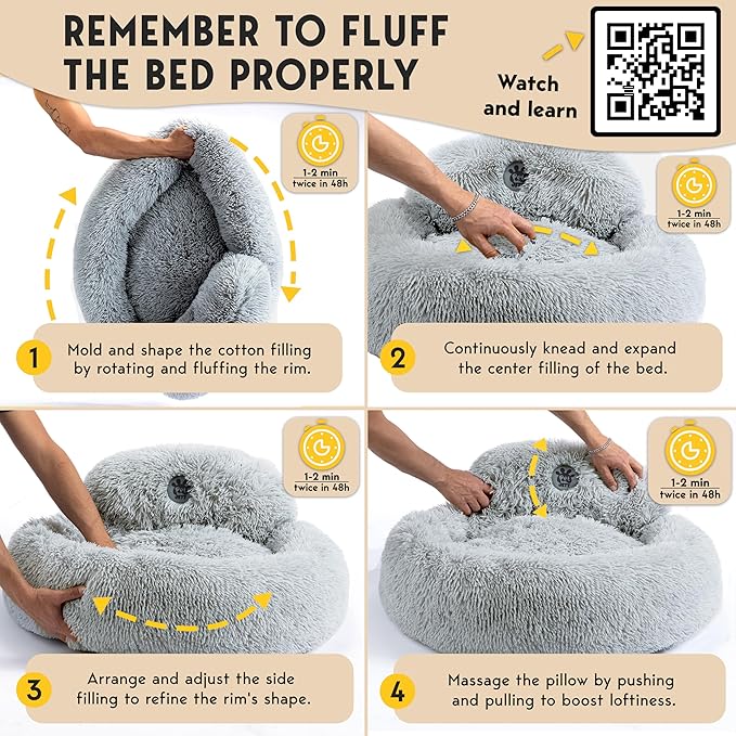 PetJett Dog Beds Large Sized Dog - 36'' Calming Round Bed, Anti-Slip & Washable Super Soft Donut Bed, Fluffy Faux Fur Anti-Anxiety Premium Comfort Pet Bed, Fits Dogs up to 80 lbs - Bright Grey