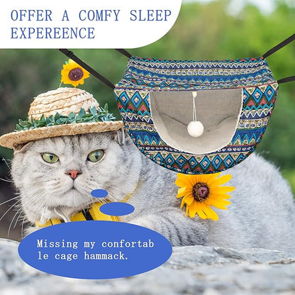 JSPYFITS Cat Cage Hammock with Ball,Double Layer Hanging Adjustable Soft Pet Bed Suit for Kitten Ferret Puppy Rabbit or Small Pets, 2 Level Indoor Pet Bad for All Season(Ethnic Style)