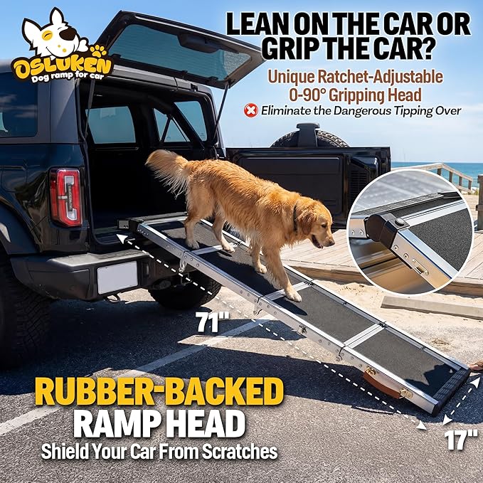 𝐍𝐞𝐰𝐥𝐲 𝐔𝐩𝐠𝐫𝐚𝐝𝐞𝐝 Dog Ramp for Car (200 lbs), Extra L71” W17” Folding Pet Ramp for Large Dogs Ratchet-Adjustable 90° Head, Outdoor Anti-Slip Foldable Dog Car Ramps for SUV Truck Side Door