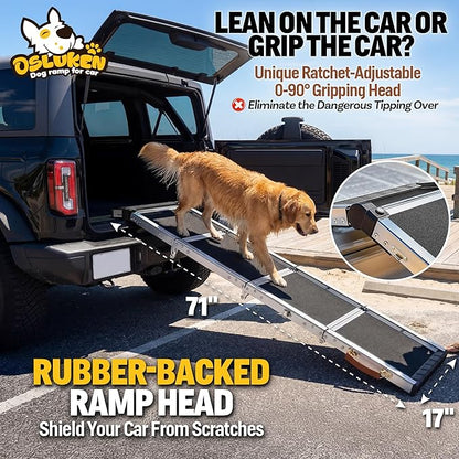 𝐍𝐞𝐰𝐥𝐲 𝐔𝐩𝐠𝐫𝐚𝐝𝐞𝐝 Dog Ramp for Car (200 lbs), Extra L71” W17” Folding Pet Ramp for Large Dogs Ratchet-Adjustable 90° Head, Outdoor Anti-Slip Foldable Dog Car Ramps for SUV Truck Side Door