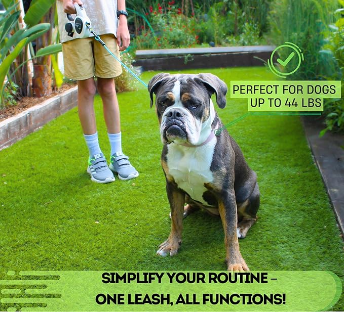 Snuggle Paws Retractable Dog Leash 16ft – Heavy Duty All-in-One Dog Leash with LED Flashlight, Poop Bag Holder, Chew Proof Steel Cable & Reflective Tape – Size S
