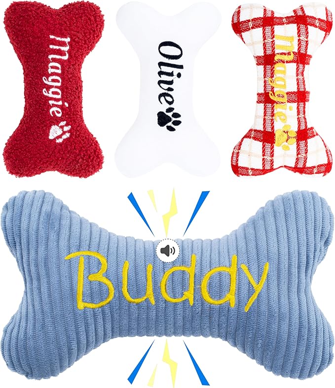 2026 Personalized Squeaky Dog Toys, Embroidered Bone Shape Corduroy Pet Pillow 8"x5"with Custmoized Name, Cute Dog Chew Puzzle Toy Custom Color Size Birthday for Small Medium Large Dogs