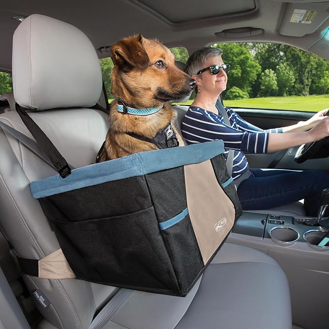 Kurgo Dog Booster Seat - Keeps Dogs Secure & Comfortable - Waterproof Exterior - Removable Washable Liner - Dog Car Seat with Harness Strap - Collapsible - Rover Style - Black/Blue