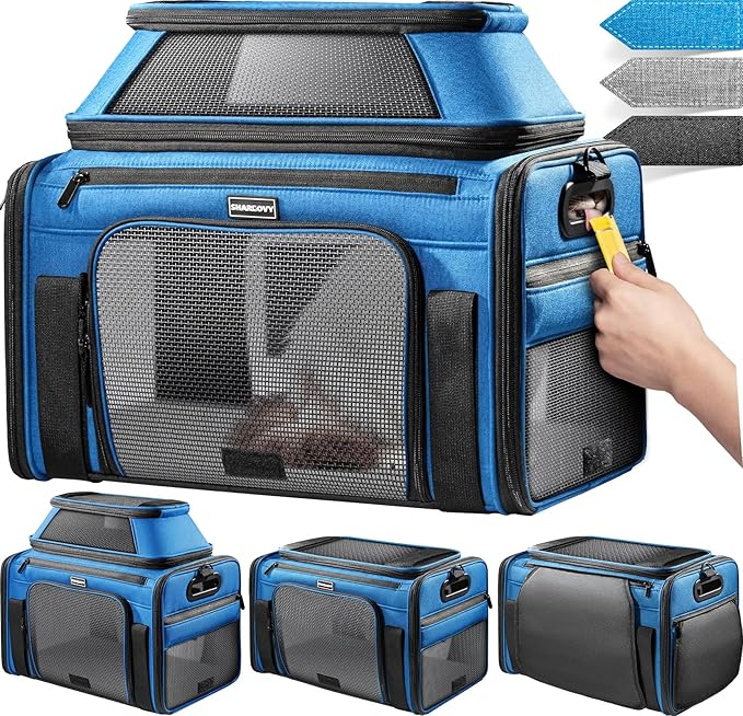 Top-Expandable Pet Carrier with Treat & Pet Window,17x11x9.5 Inch Alaska Hawaiian Airline Approved,Soft-Sided Dog Carrier for Small Dogs and Cats,Travel Cat Carrier with Locking Safety Zippers,Blue
