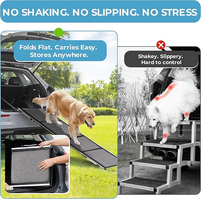 Dog Ramp for Car, SUV & Truck, 71" Long x 20" Wide, Extra Side-Strap Stability System, Non-Slip Quad-Fold Pet Ramp for Large Dogs, 250 lb Capacity (Standard Design)