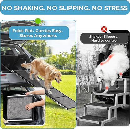 Dog Ramp for Car, SUV & Truck, 71" Long x 20" Wide, Extra Side-Strap Stability System, Non-Slip Quad-Fold Pet Ramp for Large Dogs, 250 lb Capacity (Standard Design)