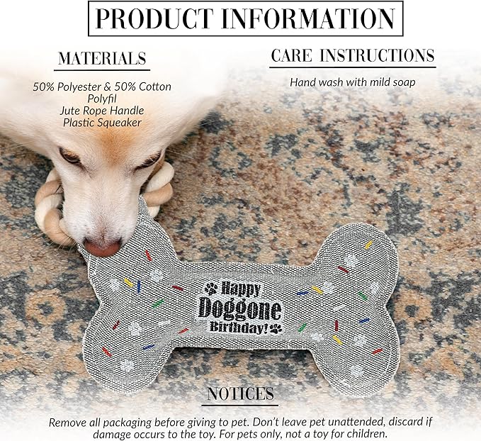 Pavilion - Happy Doggone Birthday - 11" Bone Puppy Dog Toy with Rope Handle K-9 Furry Companion Sprinkles Celebration Aging Birthday Gift Present