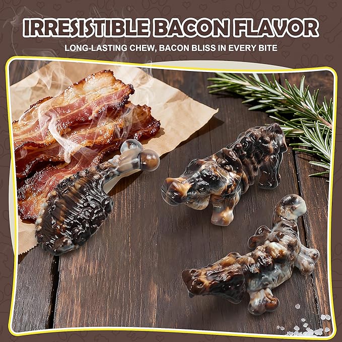 Dog Chew Toys for Aggressive Chewers,3 PCS Tough Dog Toys for Medium and Large Breed, Real Bacon Flavored Best Dog Toys to Keep Them Busy, Reduce Boredom, Dog Bones for Teeth Cleaning (Brown)