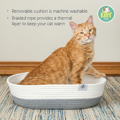 Kitty City Woven Cat Bed with Removable Washable Cushion, Cozy Braided Rope Indoor Cat Bed with Natural Catnip, Warm Round Cat Bed for Small to Medium Cats, 14” x 19" - White/Grey