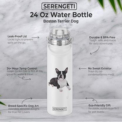 SERENGETI 24 Oz Water Bottle Stainless Steel with Spill Proof Lid - Double walled Vacuum Insulated water flask - Realistic 3D Print of your favorite dog (Boston Terrier)