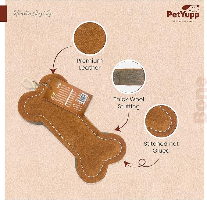 Bone Leather Dog Toy for Aggressive Chewers - Extra Thick Wool, Stitched & Real Leather Dog Toy for Small, Medium & Large Dogs - Durable & Safe Chew Toys for Puppies