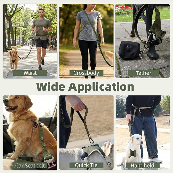 6-in-1 Hands-Free Dog Leash, Waist & Crossbody Bungee Lead with Dual Padded Handles, Bungee Shock Absorbing, Seat Belt Buckle, Reflective for Small Medium Large Dogs, Green