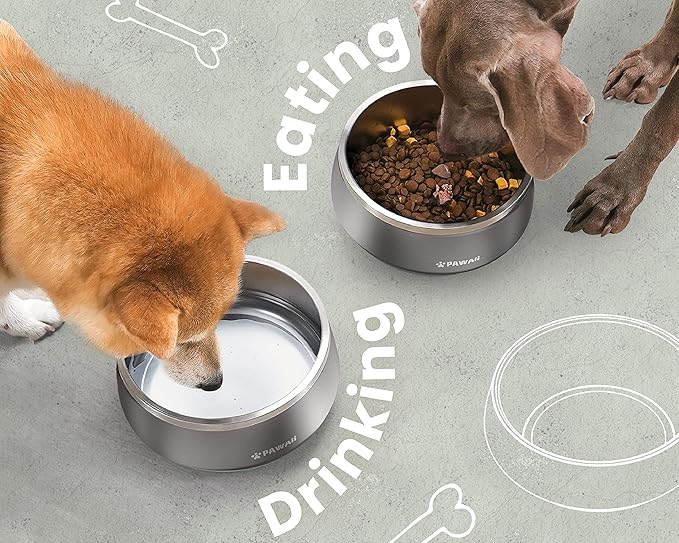 Pawaii Dog Bowl, 34 oz Double-Wall Stainless Steel Food and Water Bowl, Non-Slip Rubber Base, Dishwasher Safe, ID Tag Included, (1 Pack)