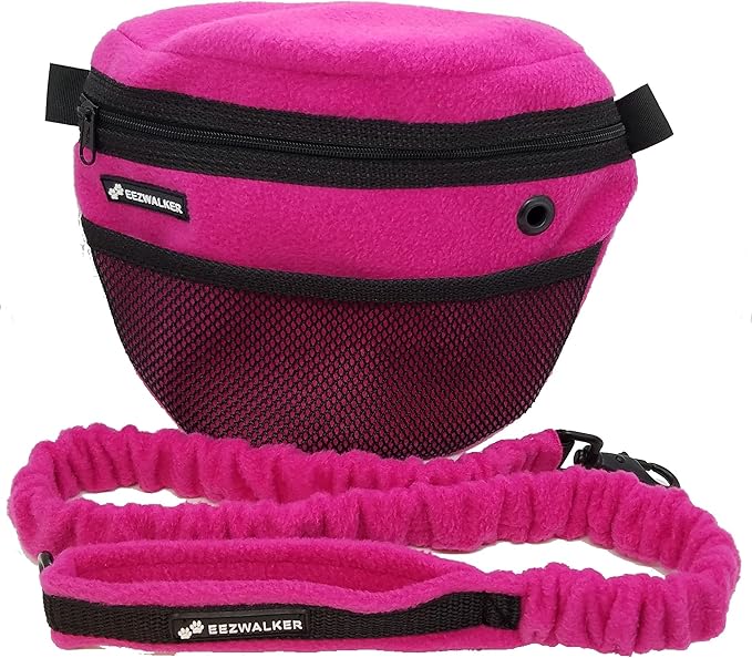 ActiveDogs Dog Handler Bag w/Bungee Leash, Water-Resistant Adjustable Treat Bag + Hands-Free 36"-52" Leash Combo - Pink Fleece