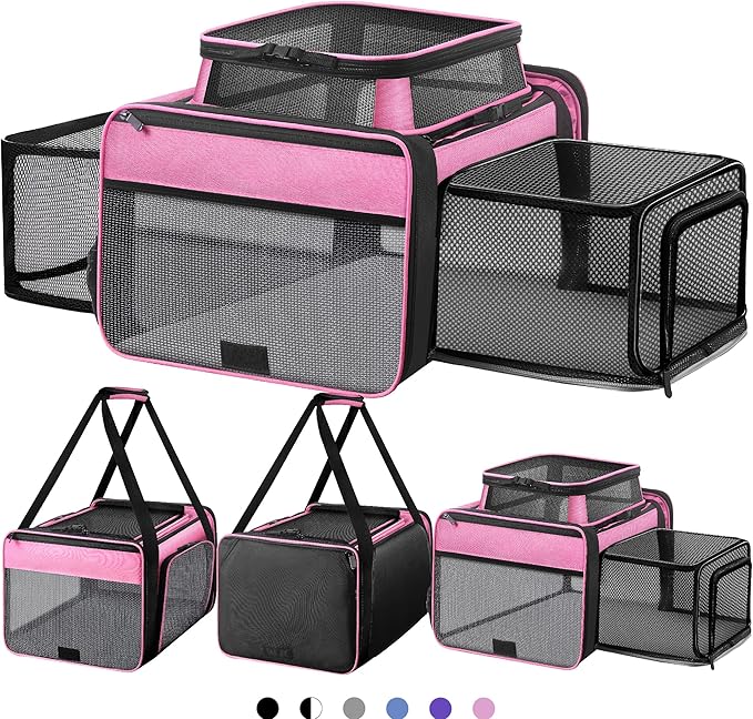 Top and 2 Sides Expandable Pet Carrier 17x11x9.5, TSA Airline Approved Small Dog Carriers for Small Dogs, Soft-Sided Cat Carrier with Self-Locking Zippers for Kitten,Rabbit, Puppy, Guinea Pig Pink