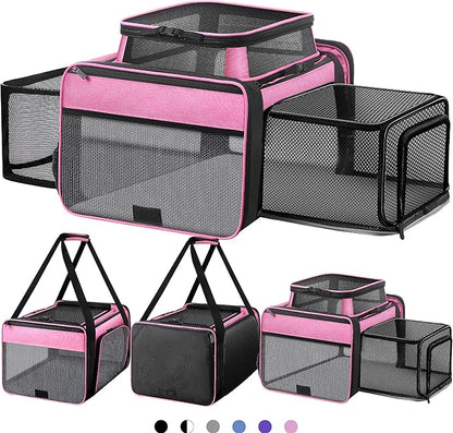Top and 2 Sides Expandable Pet Carrier 17x11x9.5, TSA Airline Approved Small Dog Carriers for Small Dogs, Soft-Sided Cat Carrier with Self-Locking Zippers for Kitten,Rabbit, Puppy, Guinea Pig Pink