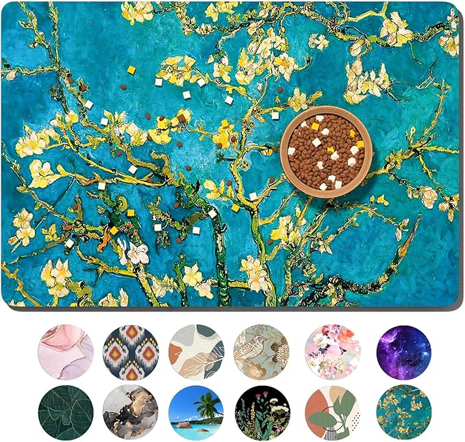 Dog Food Mat, 12" x 19" Flower Absorbent Dog Cat Bowl Mat for Food and Water, Cute Anti-Slip Rubber Pet Feeding Rug Protect Floors, Placemat for Feeding & Watering Supplies, Green