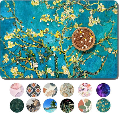 Dog Food Mat, 12" x 19" Flower Absorbent Dog Cat Bowl Mat for Food and Water, Cute Anti-Slip Rubber Pet Feeding Rug Protect Floors, Placemat for Feeding & Watering Supplies, Green