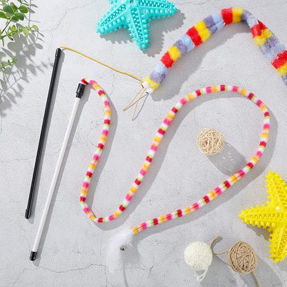 Sumind 6 Pieces Cat Toys Interactive Cat Wand Toys with Feather and Bell Safe Teaser Catcher Stick Toy Colorful and Sounding Christmas Wand for Cats Kittens Training Pets Exerciser