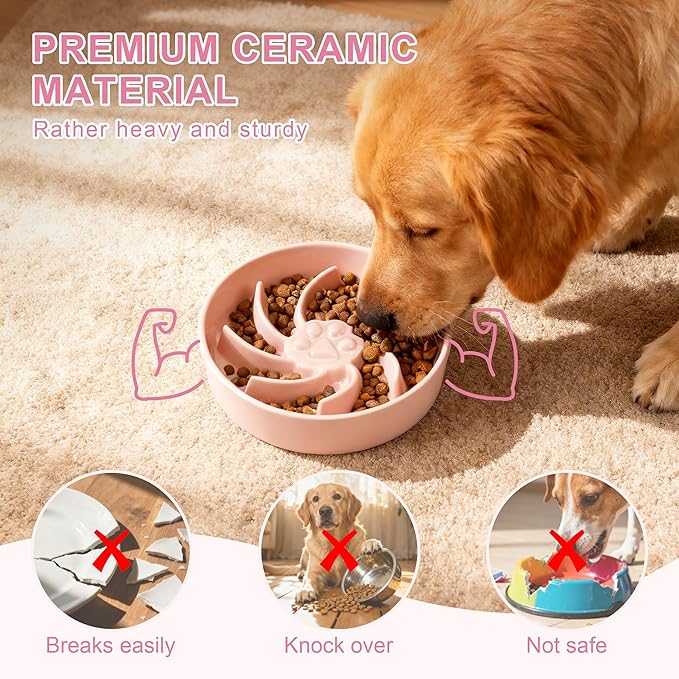 Ceramic Slow Feeder Dog Bowl, 1.5 Cup Dog Food or 20oz Water, Slow Eating Bowl for Small Breed, Maze Puzzle Feeder for Fast Eaters, Anti-Choking Stop Bloat, Non-Slip BPA Free (Pink)