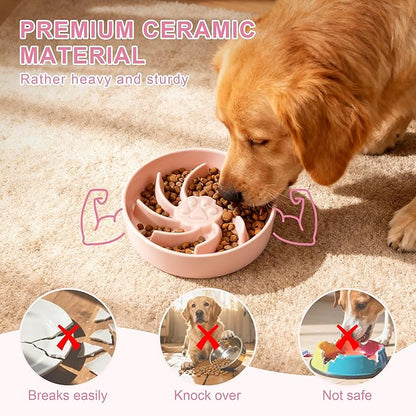 Ceramic Slow Feeder Dog Bowl, 1.5 Cup Dog Food or 20oz Water, Slow Eating Bowl for Small Breed, Maze Puzzle Feeder for Fast Eaters, Anti-Choking Stop Bloat, Non-Slip BPA Free (Pink)