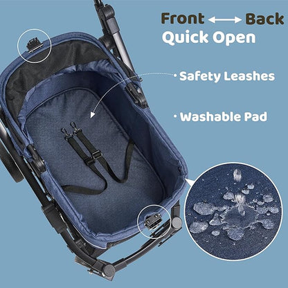 All-Terrain Dog Stroller for Small to Medium Dogs, Pet Stroller for Dogs & Cats Outdoor Walks, One-Hand Easy Fold, Double-Layer Anti-UV & Waterproof Canopy & Breathable Mesh, Midnight Blue