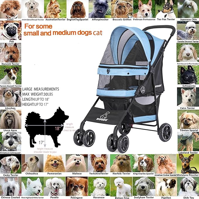 ROODO 4 Wheel Dog Cat Pet Stroller Best Lightweight Foldable Compact Portable Jogger All Terrain Travel Pet Gear Puppy Doggie Bunny Kitty Stroller for up to 30lbs Medium Small Dogs Cats(Sky Blue)