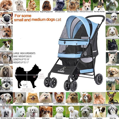 ROODO 4 Wheel Dog Cat Pet Stroller Best Lightweight Foldable Compact Portable Jogger All Terrain Travel Pet Gear Puppy Doggie Bunny Kitty Stroller for up to 30lbs Medium Small Dogs Cats(Sky Blue)