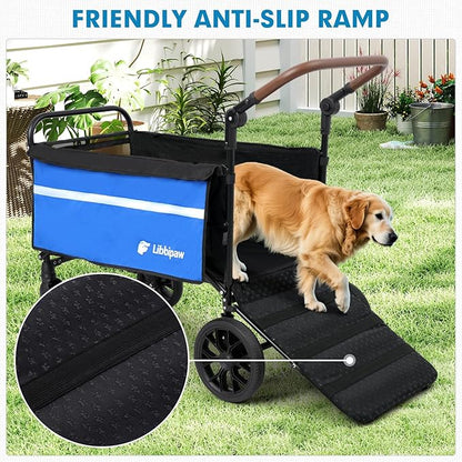 Dog Wagon for Medium Large Dogs up to 200lbs, All Terrain Foldable Large Dog Stroller with Ramp, Wagon for Dog with Adjustable Handle & One-Step Brake(Blue)