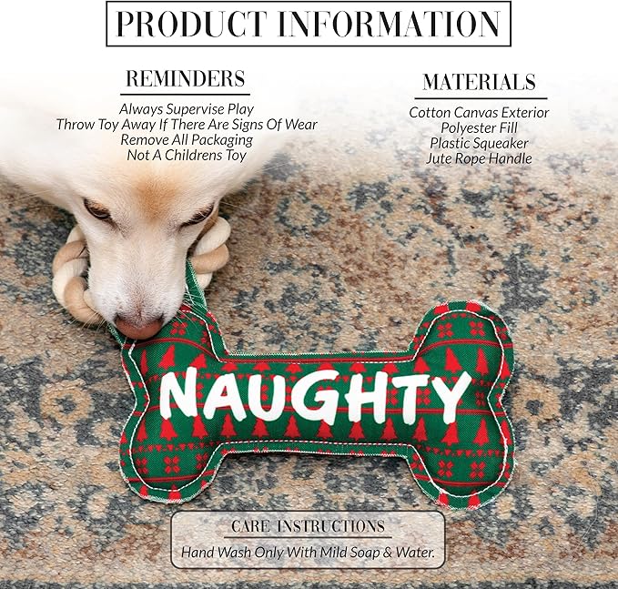 Pavilion - Naughty Or Nice - 11" Dog Bone Puppy Dog Toy with Rope Handle K-9 Furry Companion Christmas Present