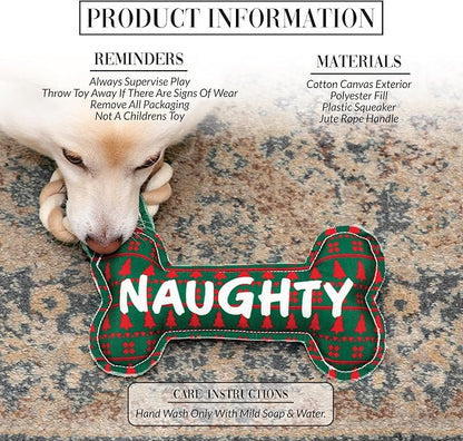 Pavilion - Naughty Or Nice - 11" Dog Bone Puppy Dog Toy with Rope Handle K-9 Furry Companion Christmas Present