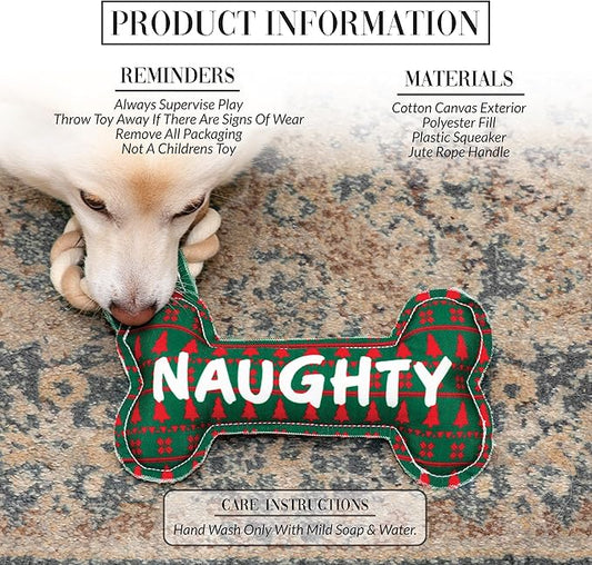 Pavilion - Naughty Or Nice - 11" Dog Bone Puppy Dog Toy with Rope Handle K-9 Furry Companion Christmas Present