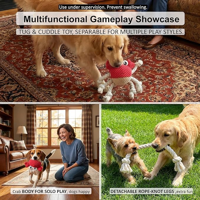 Plush Squeaky Crab Dog Toy with Rope Legs - 5.5''X9.5'' Durable Dog Chew Toy for Small Dogs | Built-in Whistle Sounds | Teeth Cleaning | Interactive Dog Toys （RED）