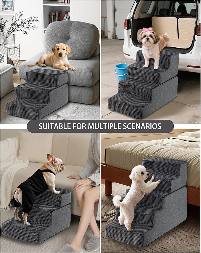 Dog Stairs for Small Dogs & Cats 13.5" H, 3-Step Non-Slip Dog Steps for Bed, Sofa and Chair, Pet Stairs with High Density Foam, Grey