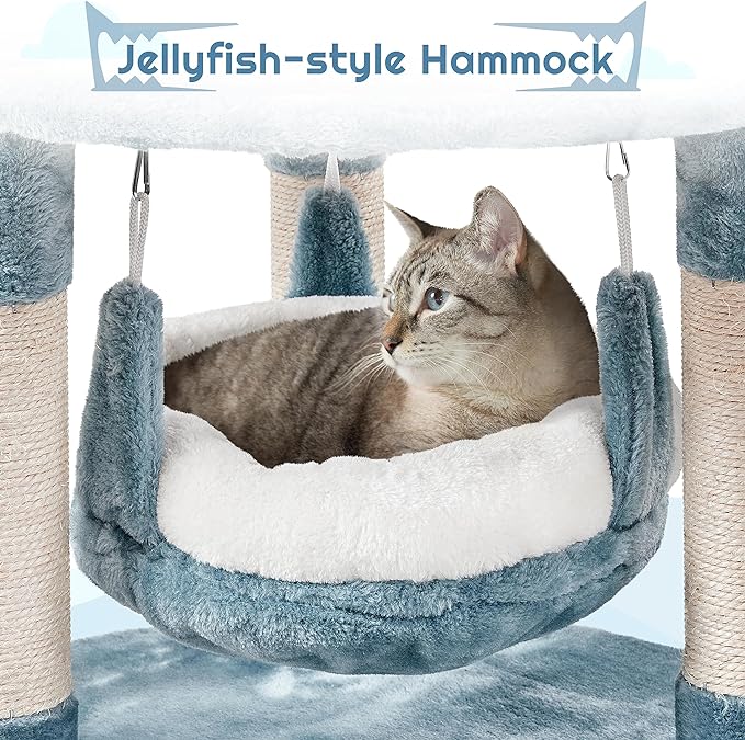 Yaheetech 45.5in Ocean-Themed Cat Tree Multi-Level Cat Tower, Plush Pet Furniture with Shark's Mouth-Shaped Nest, Sea Star-Shaped Perch, Jellyfish-Style Hammock for Indoor Kitty
