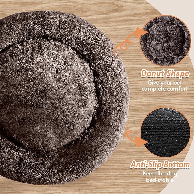 JOLLYVOGUE Calming Small Dog & Cat Bed for Indoor Cats - 20 inches Washable Donut Bed for Kittens & Puppies, Anti-Anxiety Round Fluffy Plush Pet Beds (Fits up to 15 lbs)
