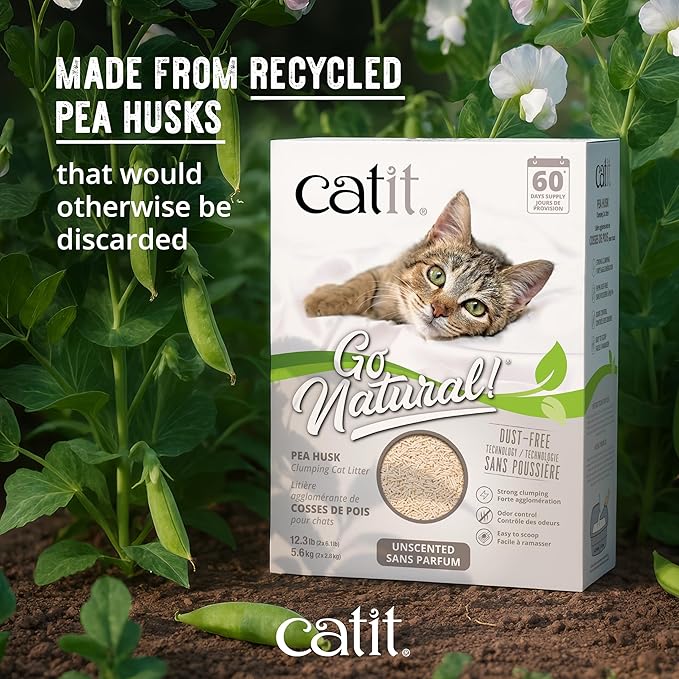 Catit Go Natural Pea Husk Clumping Cat Litter – Unscented, 12.3 lbs – Plant-Based, Eco-Friendly, Dust-Free & Flushable Cat Litter – Natural Clumping Formula, Low Tracking, Highly Absorbent