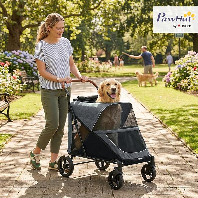 PawHut Dog Stroller for Large Dogs, One-Click Folding 4 Wheel Large Pet Stroller Wagon for Multiple Pets, All Terrain Spring Suspension w/ 8-Position Adjustable Handle, Mesh Window, Up to 66 LBS, Gray