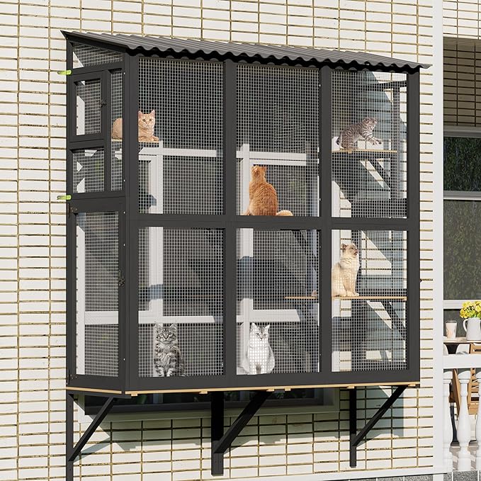 Large Catio Cat Window Box, Outdoor Cats Window Perch Enclosure for Indoor Cats with 4 Jump Platforms & 4 Doors, Kitten Cat Patio House Connected with Tunnels, All Weather Use (Black)
