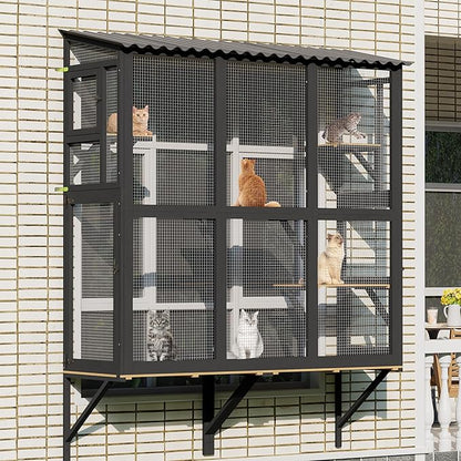 Large Catio Cat Window Box, Outdoor Cats Window Perch Enclosure for Indoor Cats with 4 Jump Platforms & 4 Doors, Kitten Cat Patio House Connected with Tunnels, All Weather Use (Black)