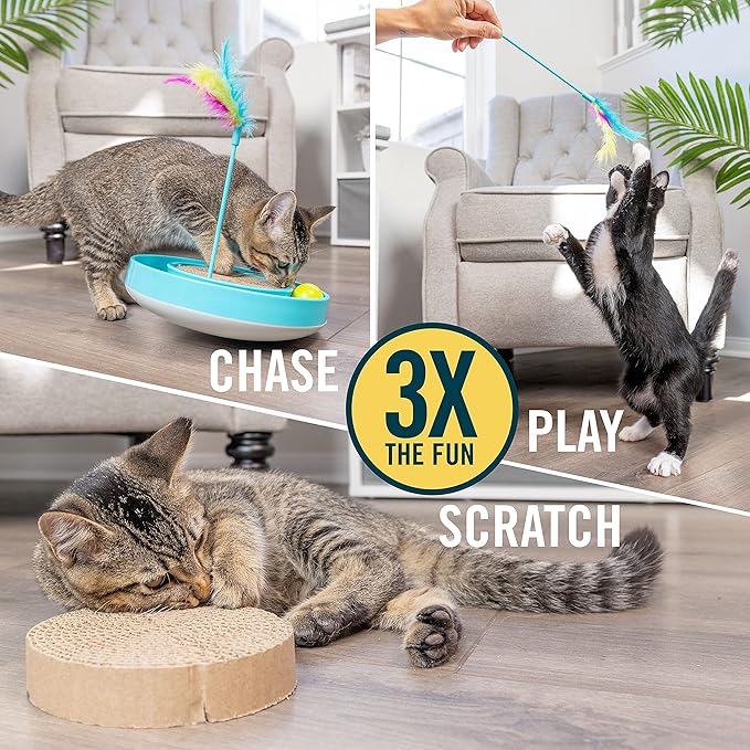 OurPets Wobble Scratch Track Cat Toy - Interactive Cat Toys for Indoor Cats with Ball Track That Rolls; Feather Wand and Scratcher Pad. Great as a Kitten Toy for Self Play to Keep Them Busy