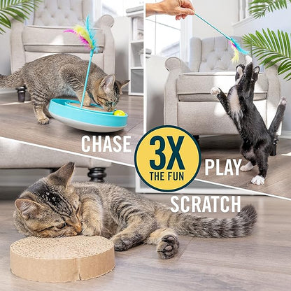 OurPets Wobble Scratch Track Cat Toy - Interactive Cat Toys for Indoor Cats with Ball Track That Rolls; Feather Wand and Scratcher Pad. Great as a Kitten Toy for Self Play to Keep Them Busy