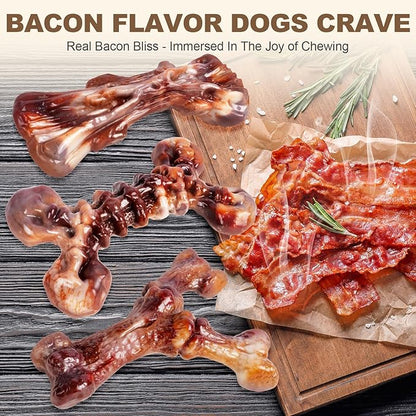 3-Pack Indestructible Dog Toys for Aggressive Chewers, Bacon Flavored Tough Nylon Bones for Medium Large Dogs (25-90 lbs), Heavy Duty Power Chew Toys, Super Big Dog Toys (Brown)