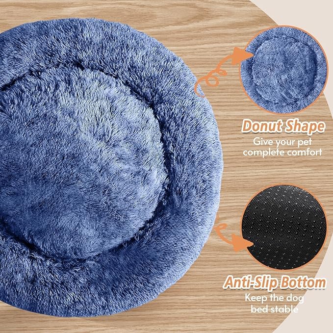 JOLLYVOGUE Calming Dog Beds Large Sized Dog, 36in Donut Washable Large Pet Bed, Anti-Slip & Anti-Anxiety Fluffy Faux Fur Round Dogs Bed, Fits up to 80 lbs Pets (Navy Blue)