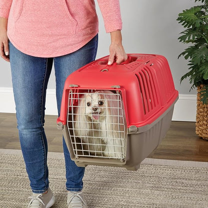 MidWest Homes for Pets Spree Travel Carrier – Hard-Sided Dog & Cat Carrier, Small Pet Travel Crate with Handle, Ventilated Design, Easy Assembly, 24-Inch, Red
