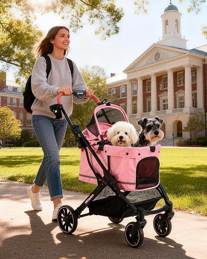 797Audio Dog Stroller for Small Medium Dogs, Pink Pet Stroller for Cats Puppy Up to 121lbs, Foldable,One Click Folding,4 Wheel Shock Absorption,Adjustable Canopy with Sun Shades,Removable Washable Pad
