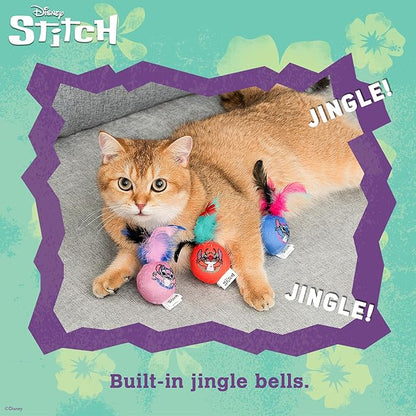 Disney for Pets Lilo and Stitch 3pk Feathered Jingle Balls Cat Toys with Catnip, Feather Teaser Ball Set for Cats, Cute Kitty Toy Fans